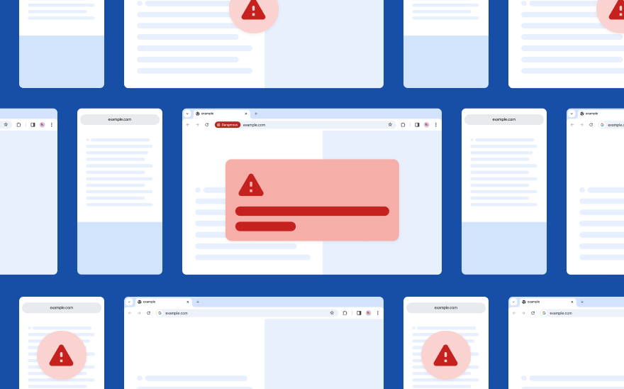 Generic web pages float on a dark blue background. A red pop-up with a red alert icon is in front.